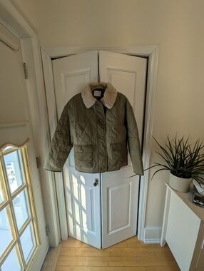 Quilted Olive Green Jacket with Sherpa Collar